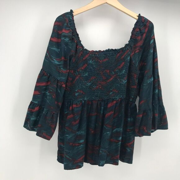 Terra & Sky Top Womens 0X 14W Plus Green Red Print Smocked Peplum 3/4 BellSleeve - Picture 7 of 10